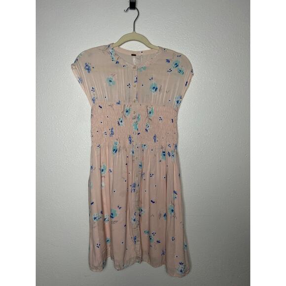 Free People Boho Womens Pink Greatest Day Floral Print Smocked Mini Dress Size M - Picture 1 of 5